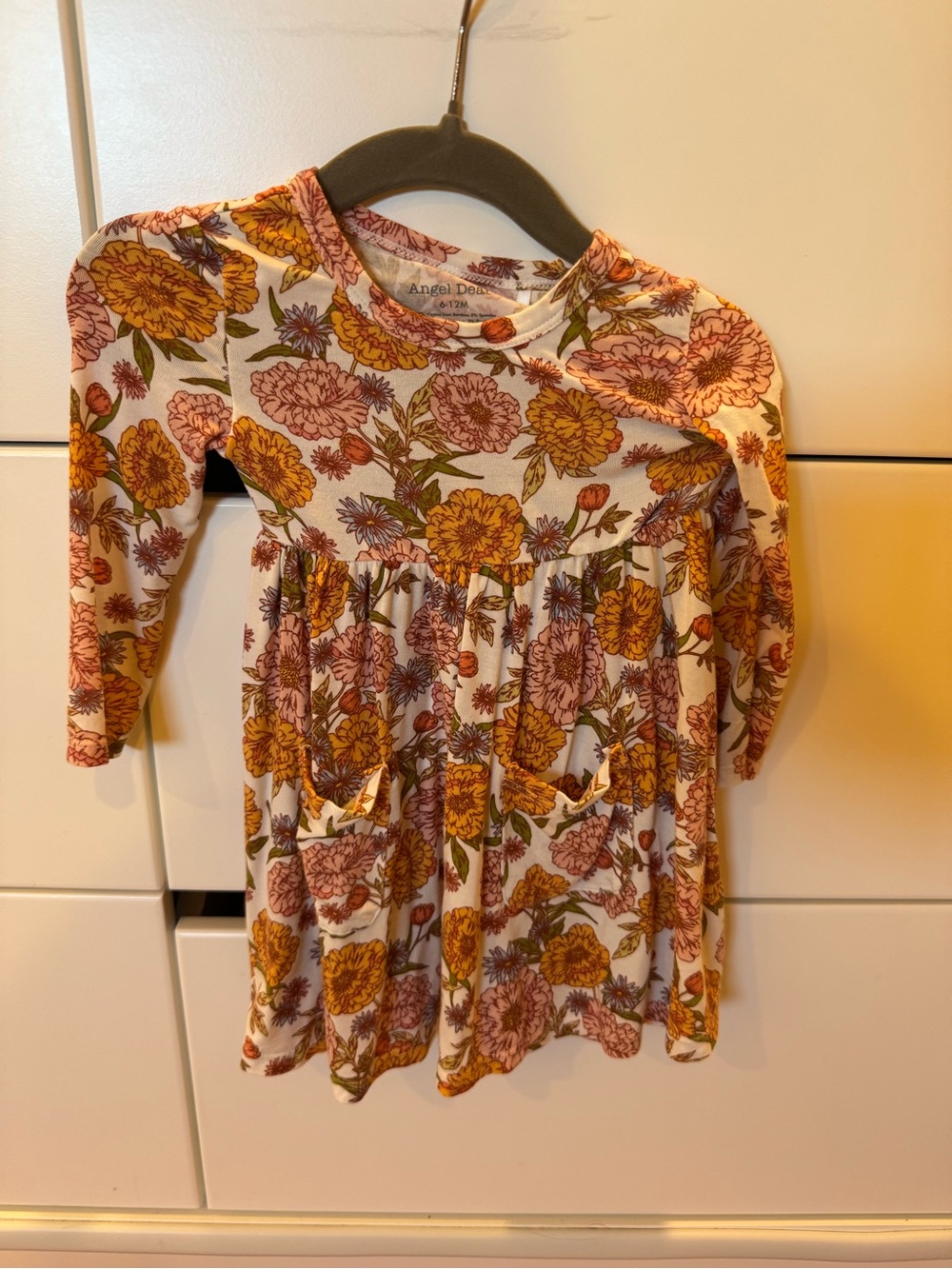 Angel Dear Floral Long Sleeve Baby Dress in Mustard & Dusty Rose - size 6-12m